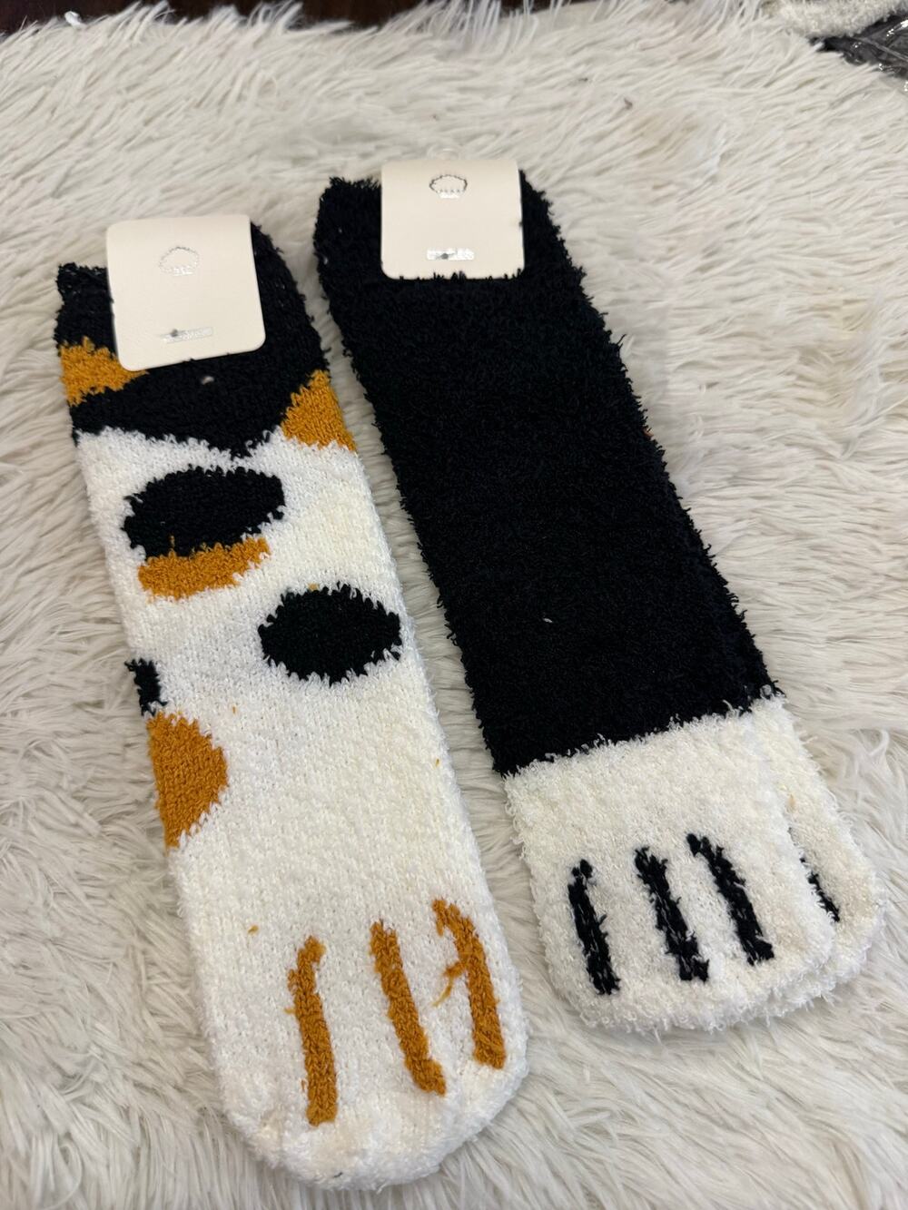 Kids fuzzy Cat socks black and brown paw print design  set of 2